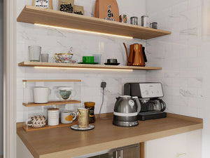 Carrara white marble peel and stick tile used as coffee bar backsplash with open shelving – Colamo