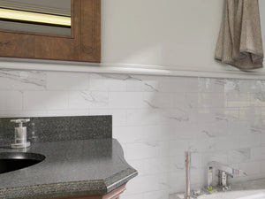 Carrara white marble peel and stick subway tile on bathroom vanity wall – Colamo