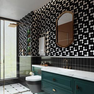 Modern bathroom interior featuring Colamo black and white bold floral peel and stick wall tiles, waterproof backsplash renovation for an elegant vanity area.