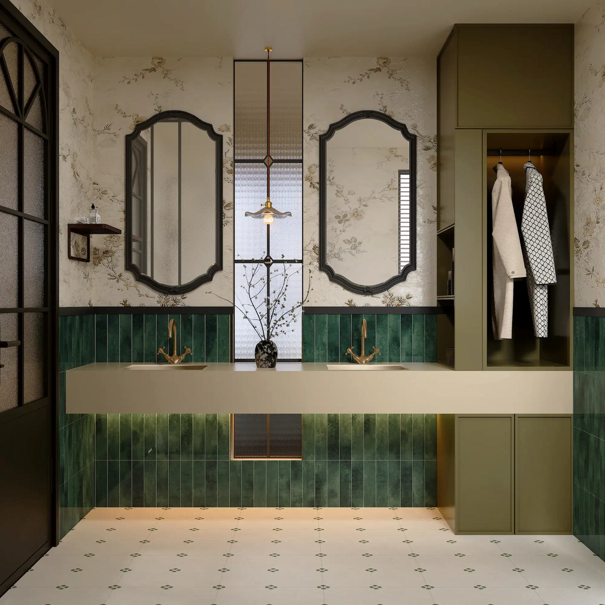 Luxury bathroom vanity featuring Colamo Forest Green glossy subway peel and stick tiles in a vertical stacked pattern, paired with brass fixtures and vintage decor.