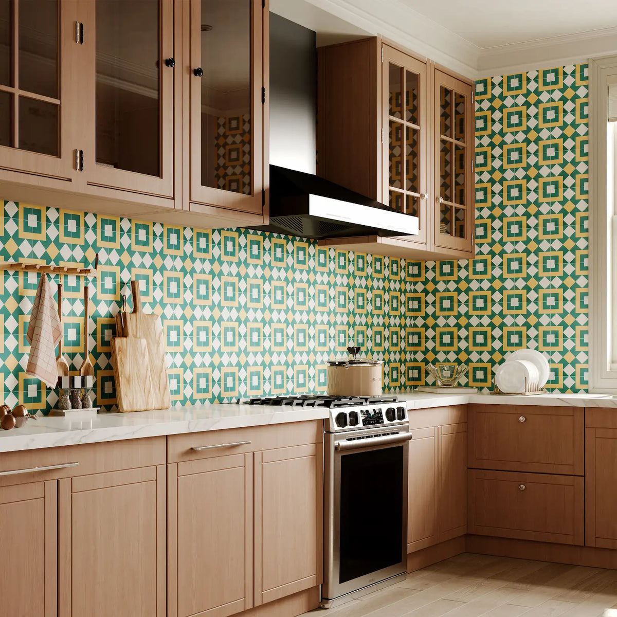 Modern retro kitchen featuring Colamo green and orange geometric peel and stick backsplash behind the stove, perfectly paired with natural wood cabinets.