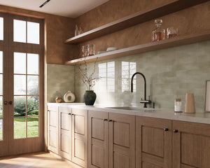 Spacious kitchen with Colamo Sand Beige glossy subway peel and stick tiles, featuring a horizontal running bond backsplash under warm natural sunlight.