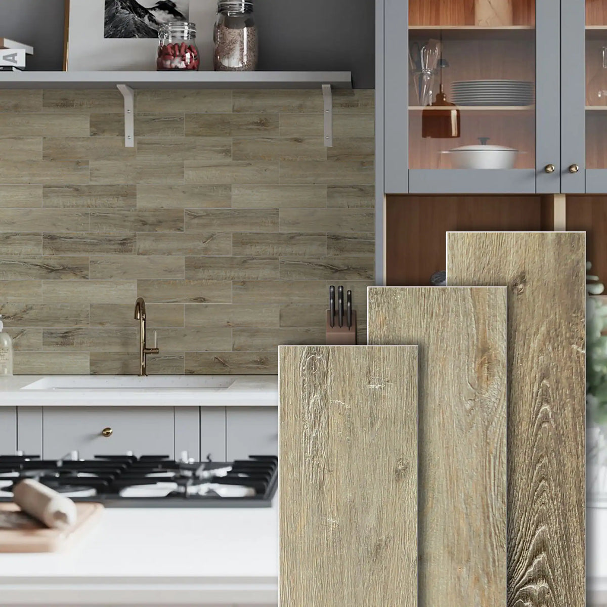 Colamo Vintage Oak Wood Look Tiles - 3D Textured Peel and Stick Backsplash