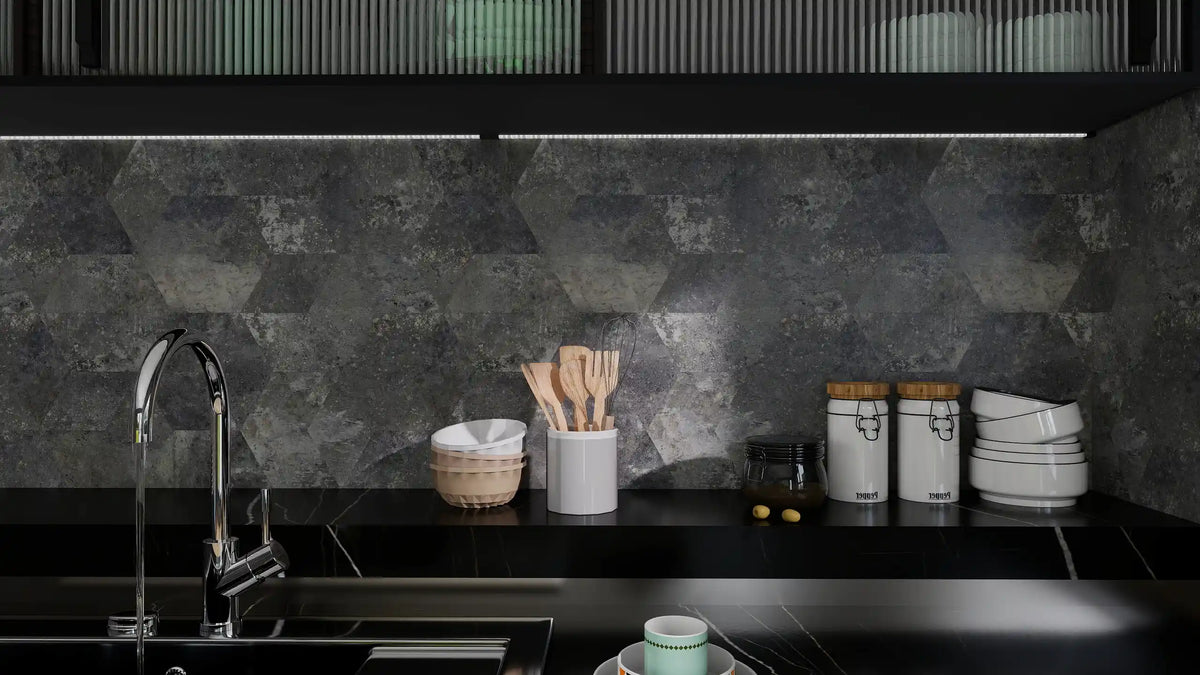 Modern kitchen with dark stone backsplash and countertop