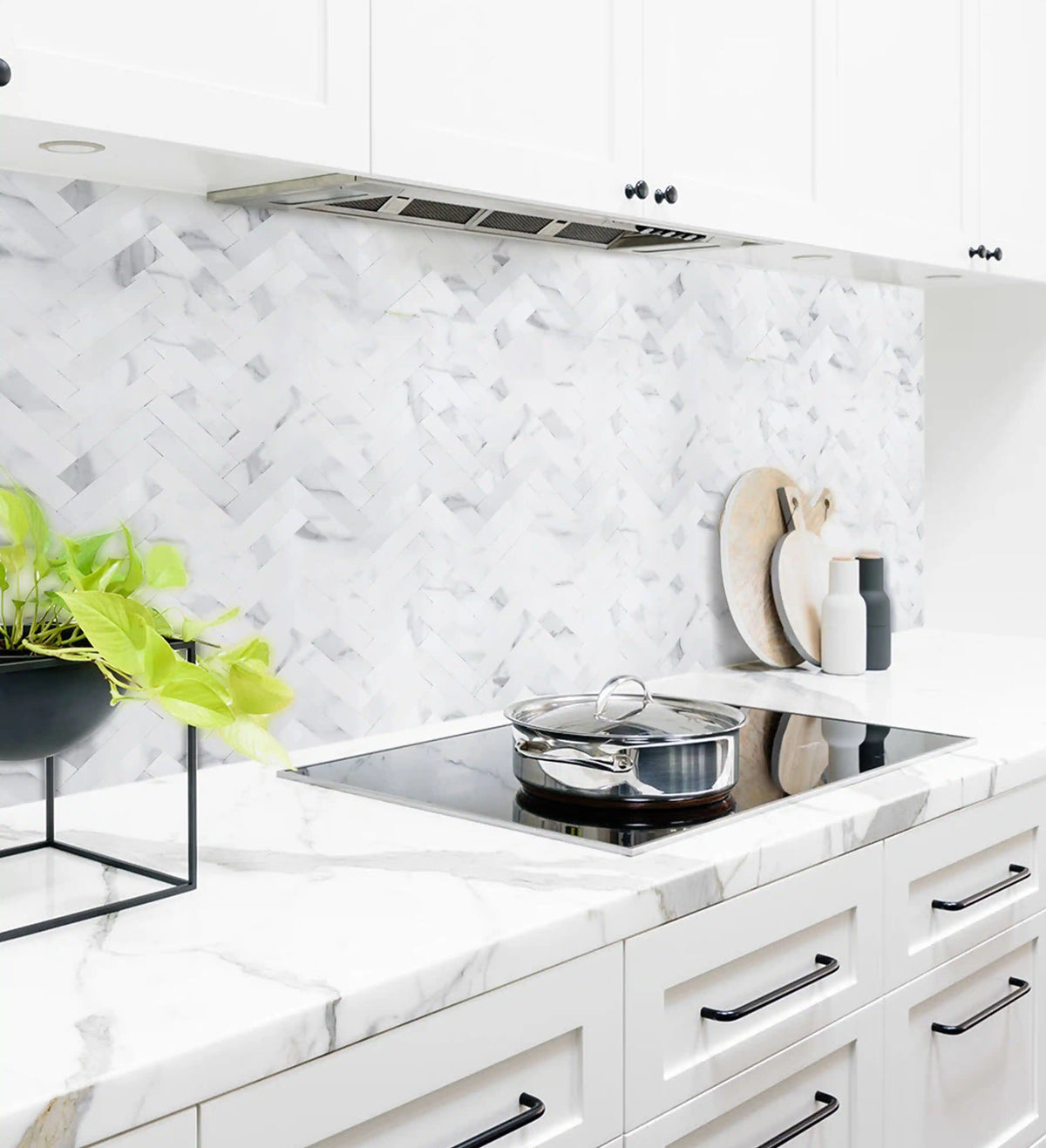 COLAMO Thick Carrara White Herringbone Peel and Stick Backsplash Marble Look Tiles