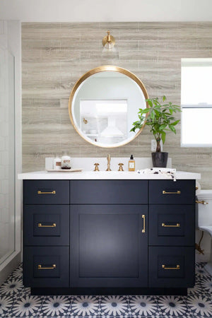 Bathroom vanity with wood look tiles backsplash