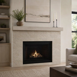 Beige travertine subway peel and stick backsplash tile around a modern living room fireplace with neutral decor and wood accents