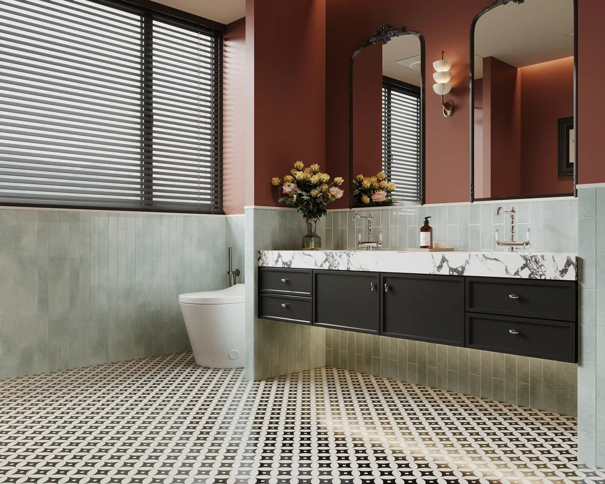 Modern spa-style bathroom featuring Colamo Cloud Gray subway peel and stick tiles, waterproof vertical stacked wall decor paired with bold terracotta walls.