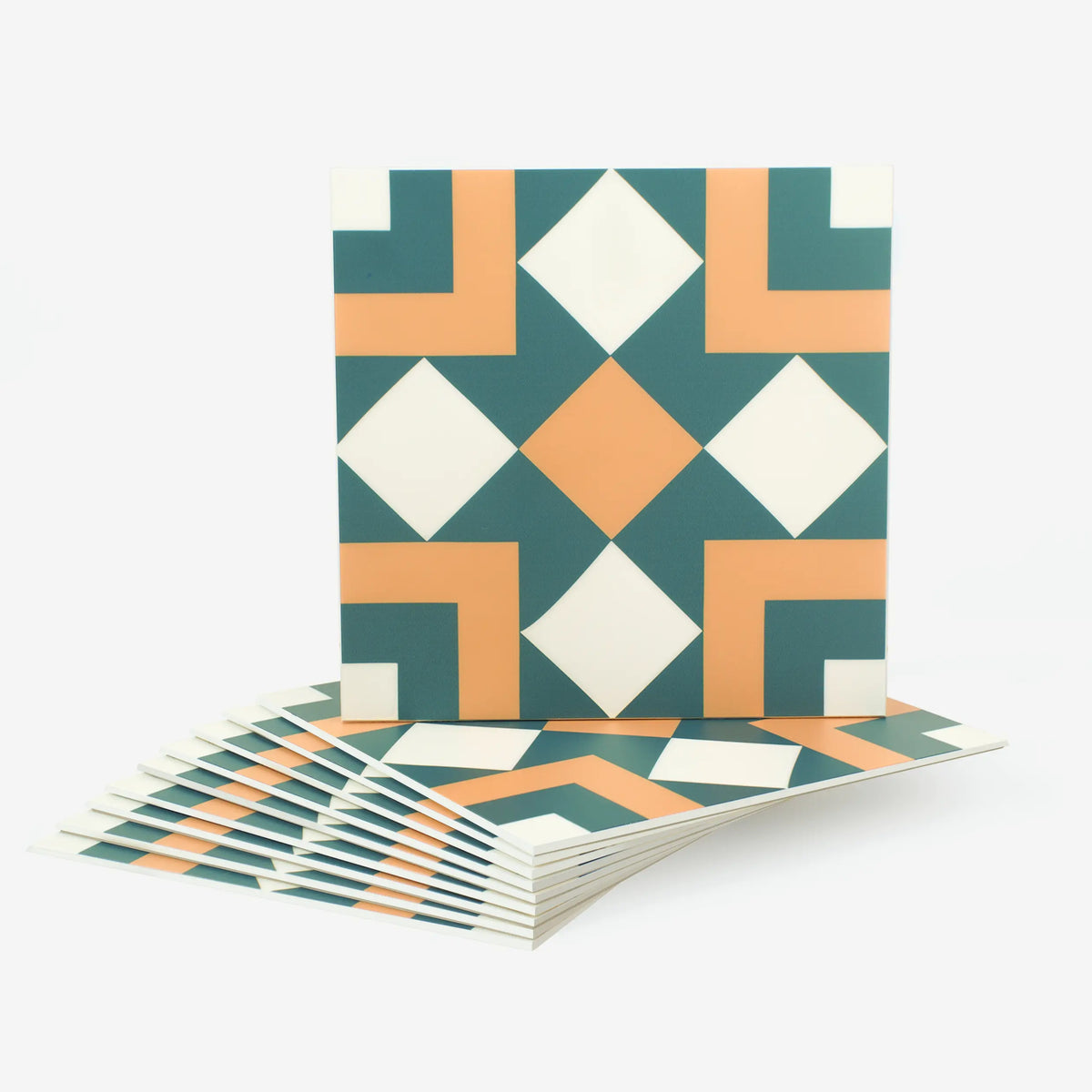 Colamo premium glossy dark green and orange geometric peel and stick wall tile, retro mid-century modern pattern for DIY home decor