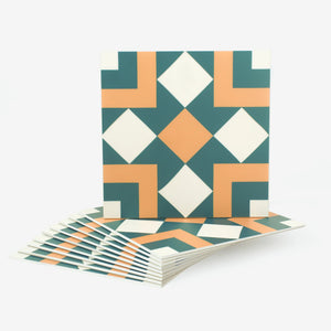 Colamo premium glossy dark green and orange geometric peel and stick wall tile, retro mid-century modern pattern for DIY home decor