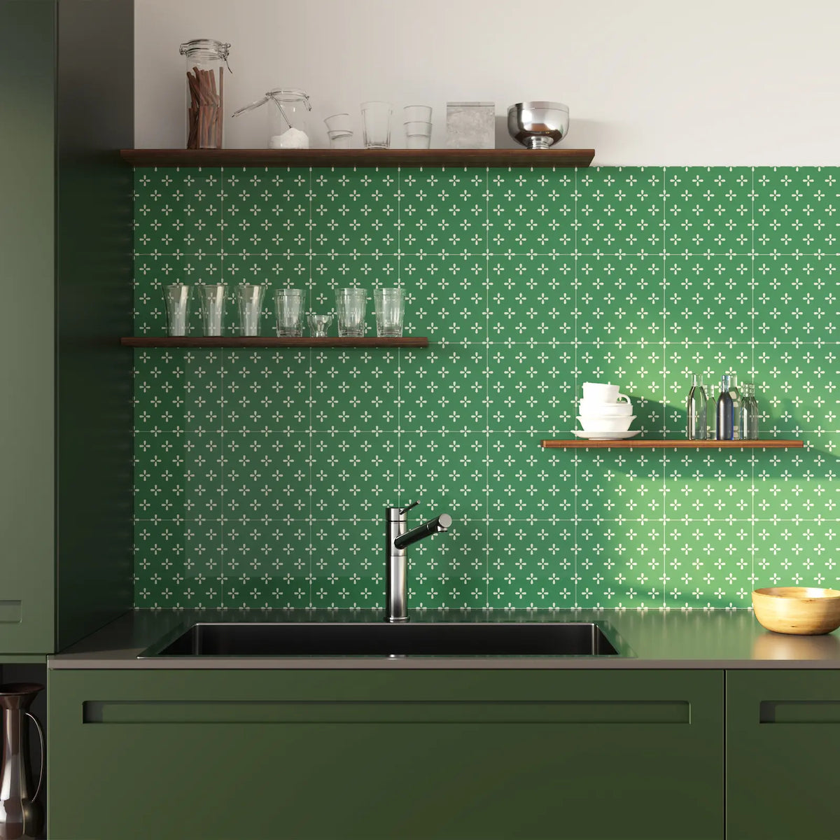 Modern monochromatic kitchen featuring Colamo sage green floral pattern peel and stick backsplash tiles, paired with matching green cabinets and open wood shelving for a fresh DIY remodel.