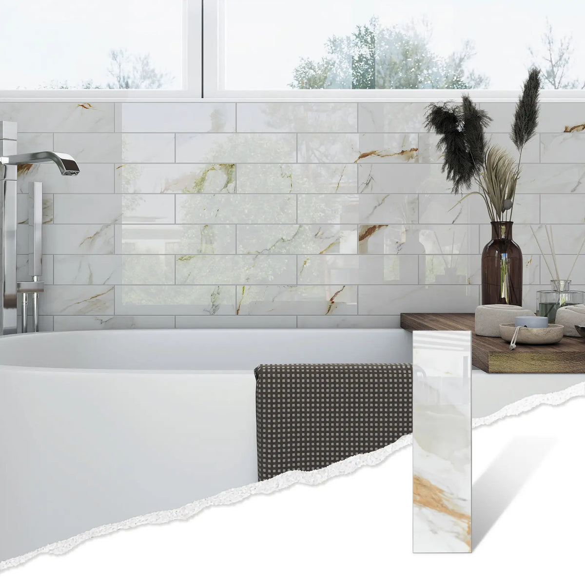 Colamo elongated Calacatta Gold peel and stick subway tile installed as a glossy marble bathroom wall behind a freestanding tub, with a single tile shown in the corner