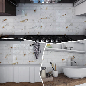 Colamo elongated Calacatta Gold peel and stick subway tile used in three settings: a kitchen stove backsplash, a wainscot accent wall, and a bathroom vanity wall