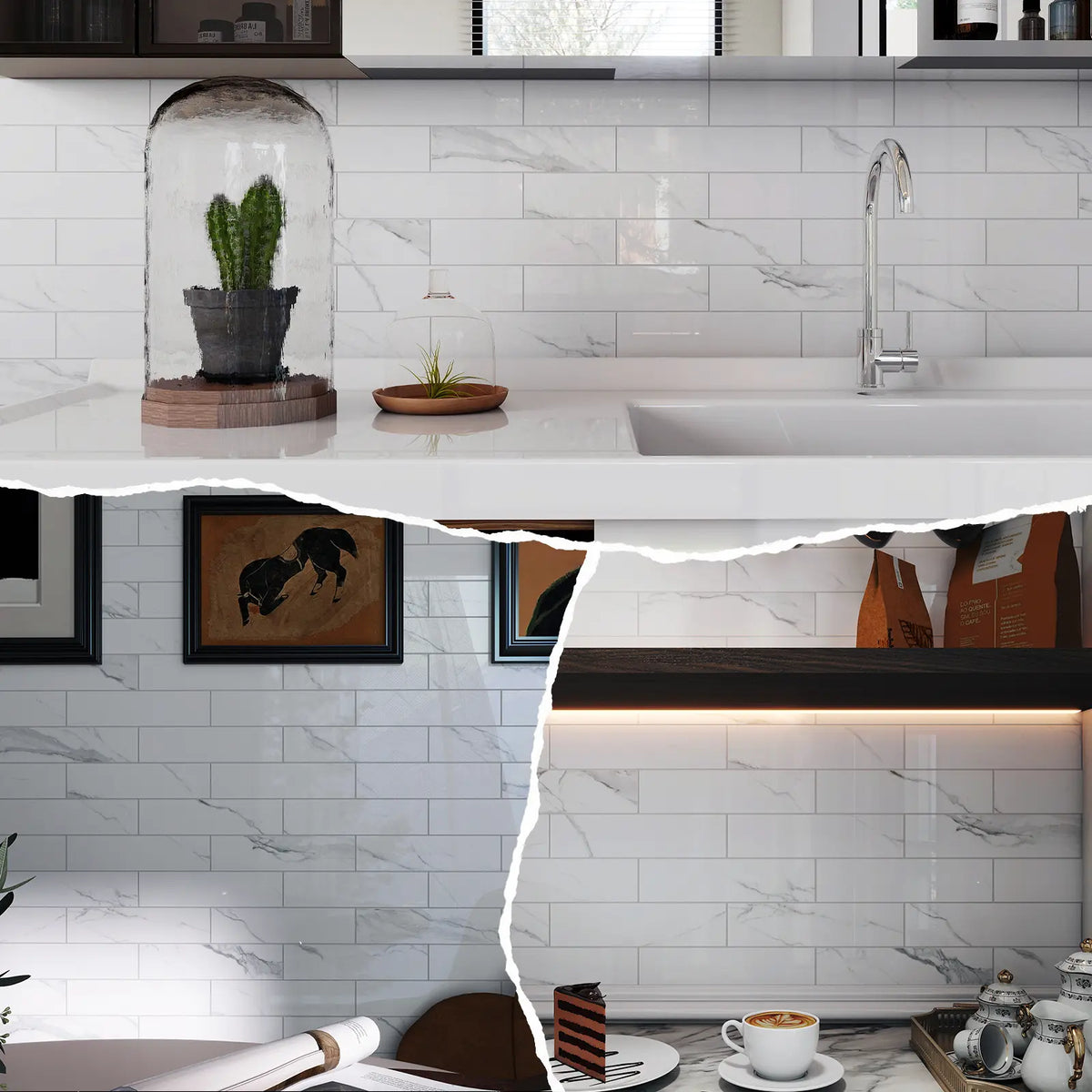 Luxe Marble Elongated Subway Peel & Stick Tile - Glossy Carrara White