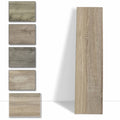 A selection of vintage oak wood look tiles in various shades with a peel and stick backing, presented in a collage format with one full-size tile on the right.
