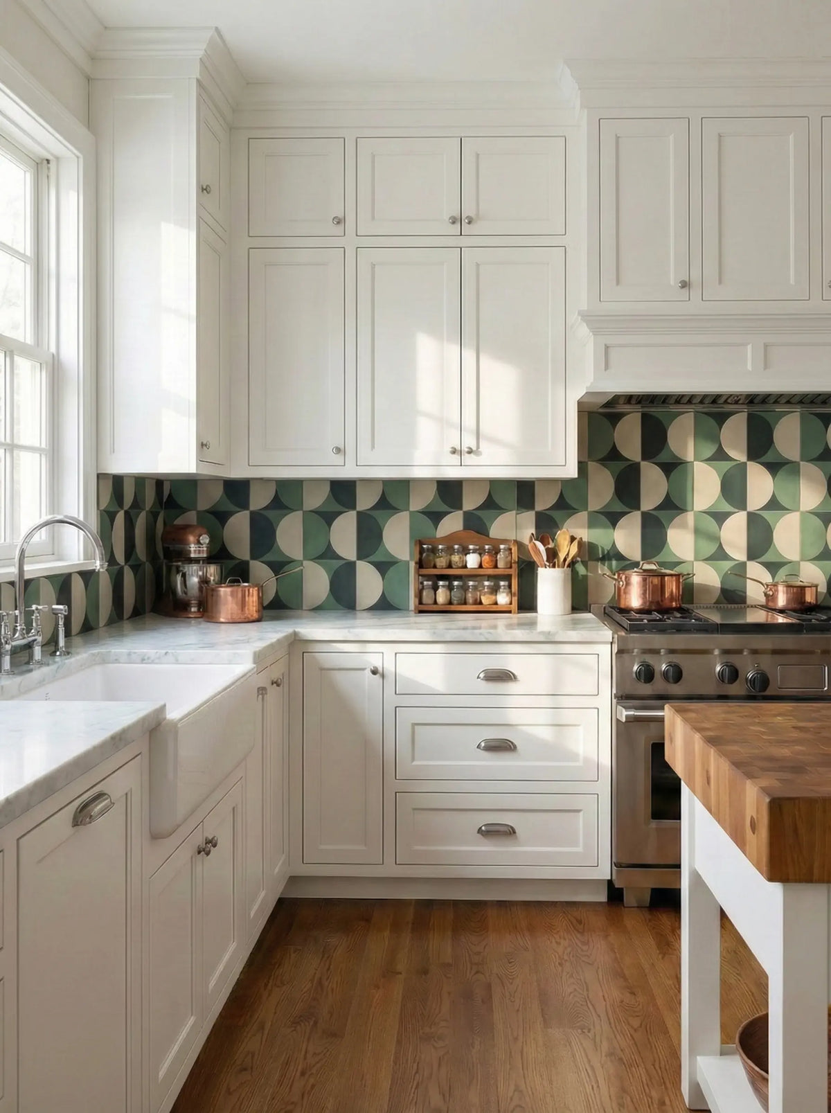 Modern kitchen with white cabinets, green geometric peel and stick backsplash, and wooden island.