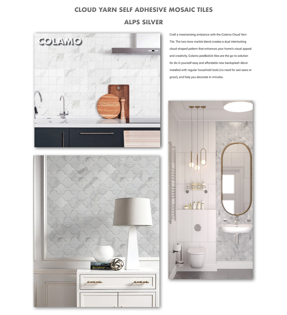 Colamo-peel and stick tile-backsplash-self adhesive tile-self adhesive backsplash-Cloud Yarn Decorative Mosaic Self Adhesive Tiles & Backsplashes, Alps Silver